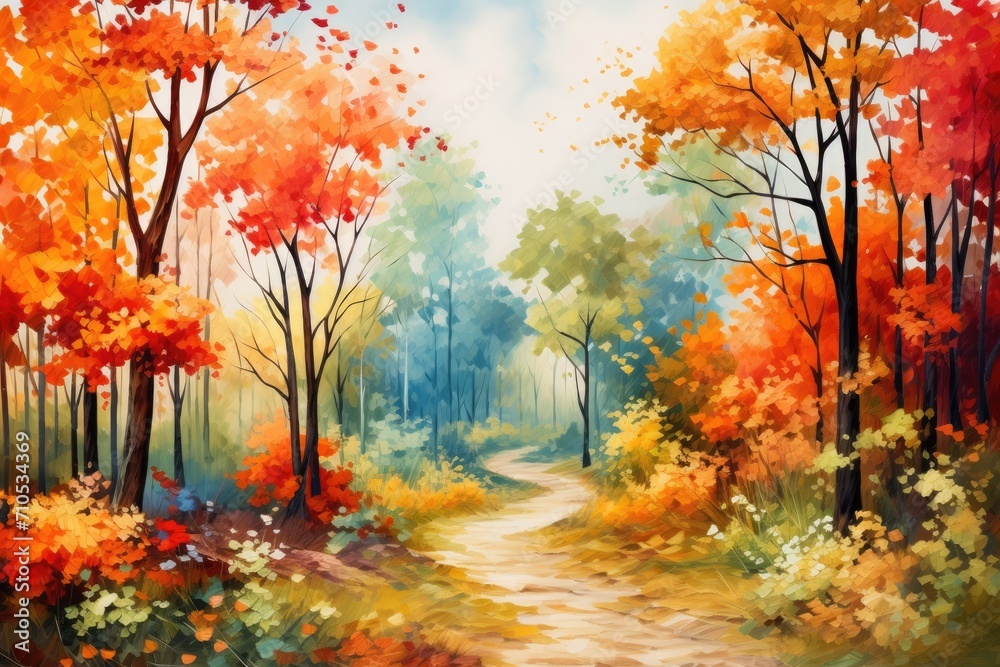 This painting depicts a tranquil path winding through a lush forest, creating a peaceful and inviting atmosphere, An autumn landscape showing trees covered in bright, vibrant leaves, AI Generated