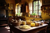 A variety of delicious food overflowing on a sturdy wooden table, ready to be savored, An authentic Italian farmhouse kitchen with homemade pasta and fresh ingredients, AI Generated
