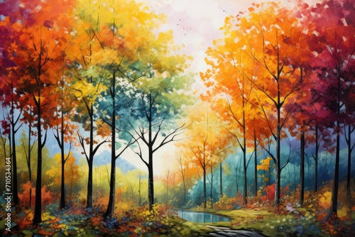 Vibrant Painting Depicting a Colorful Forest With Majestic Trees  An autumn landscape showing trees covered in bright  vibrant leaves  AI Generated