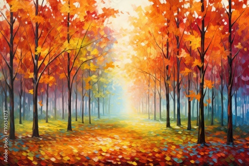This image showcases a vibrant painting of a forest teeming with numerous towering trees, An autumn landscape showing trees covered in bright, vibrant leaves, AI Generated