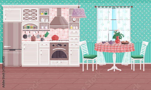 Kitchen interior vector illustration. A cosy kitchen interior concept transforms cooking into delightful experience Comfy and stylish furniture in kitchen enhances warmth family meals Homely decor