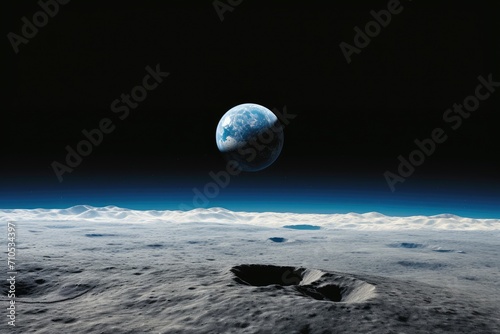 A stunning photograph that depicts the Earth as seen from the surface of the moon, An awe-inspiring view of Earth from the Moon's surface, AI Generated
