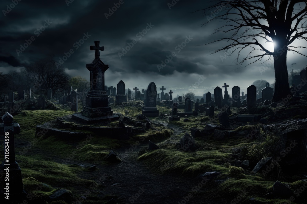 A spooky cemetery illuminated by a full moon, casting an eerie glow on the tombstones, An eerie graveyard under a stormy sky, AI Generated