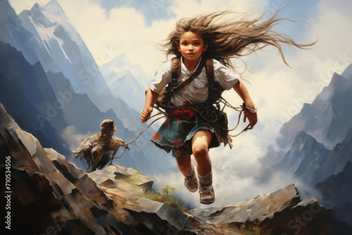 An inspiring painting capturing the determination of a girl as she runs up a majestic mountain, An eagle soaring high over a mountainous landscape, AI Generated photo