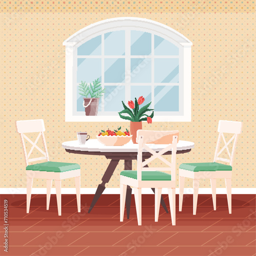 Kitchen interior vector illustration. Cooking and dining blend seamlessly in well-decorated kitchen and dining room Comfy and stylish furniture in kitchen creates welcoming dining atmosphere