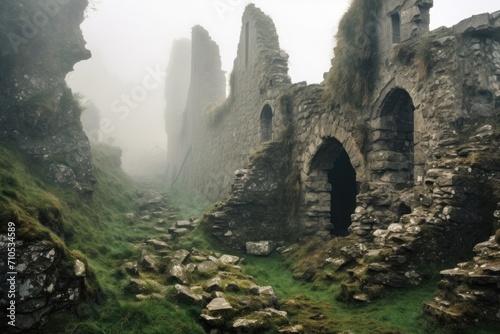 Discover the eerie beauty of an ancient castle enveloped in dense fog, An eerier ruined castle shrouded in mist, AI Generated