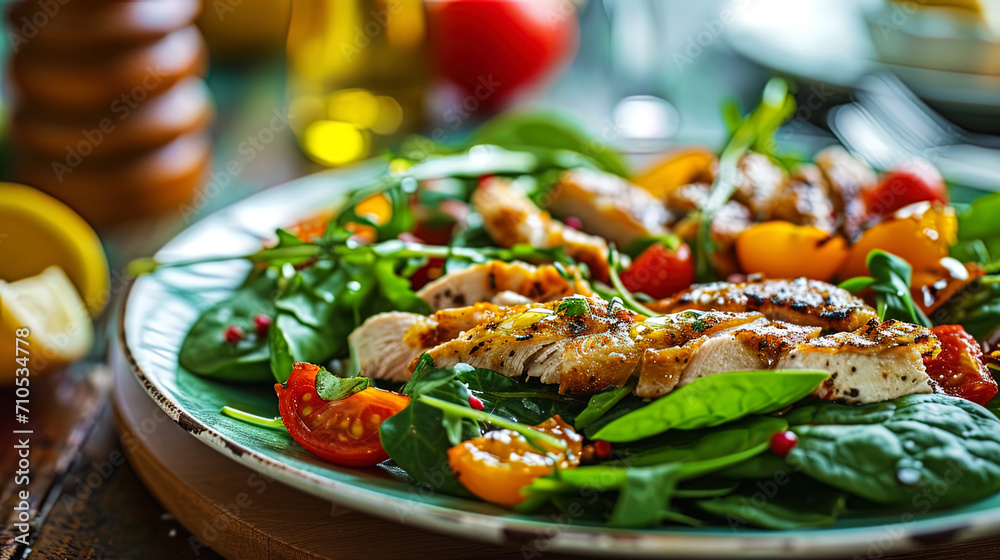 Juicy salad with colorful vegetables, fresh spinach leaves and slices of delicate chicken meat, wa Juicy salad with colorful vegetables, fresh spinach leaves and slices of delicate chicken meat, wa