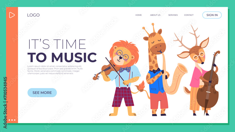 Animal party vector illustration. Celebrate with banquet happy beasts, turning forest into festive paradise colors joy. Its time to music, lion plays violin, giraffe plays saxophone, deer plays cello Animal party vector illustration. Celebrate with banquet happy beasts, turning forest into festive paradise colors joy. Its time to music, lion plays violin, giraffe plays saxophone, deer plays cello