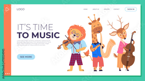 Animal party vector illustration. Celebrate with banquet happy beasts, turning forest into festive paradise colors joy. Its time to music, lion plays violin, giraffe plays saxophone, deer plays cello