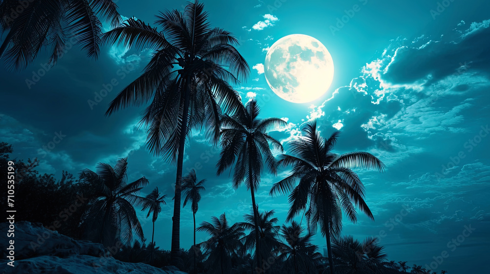 Palm trees decorated with the soft light of the moon create a romantic atmosphere