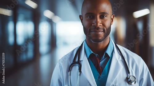 Multicultural doctor, stethoscope, diverse ethnicities, hospital setting, blurred background photo