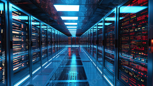 Photo of a server room with individual servers, decorated in the form of art and placed in the lin photo