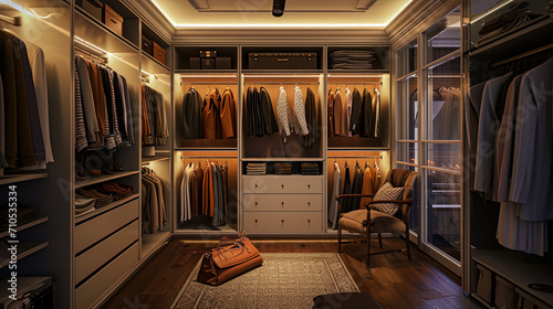 Photo of a wardrobe with a system of smart lighting, adjusted to the color of things and creating photo