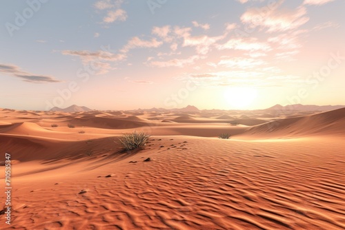 A lone plant stands in the vastness of the desert landscape  An endless desert with sand dunes stretching to the horizon  AI Generated