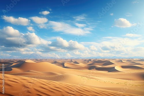 An image of a desert featuring rolling sand dunes with a picturesque backdrop of clouds in the sky, An endless desert with sand dunes stretching to the horizon, AI Generated