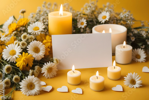 A romantic, minimal and floral concept photo with white and yellow daisies, candles and note paper