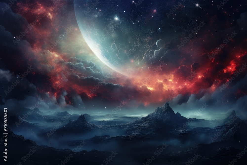 A breathtaking painting capturing a sky adorned with an abundance of clouds and stars in remarkable detail, An ethereal celestial scene with stars and nebulas, AI Generated