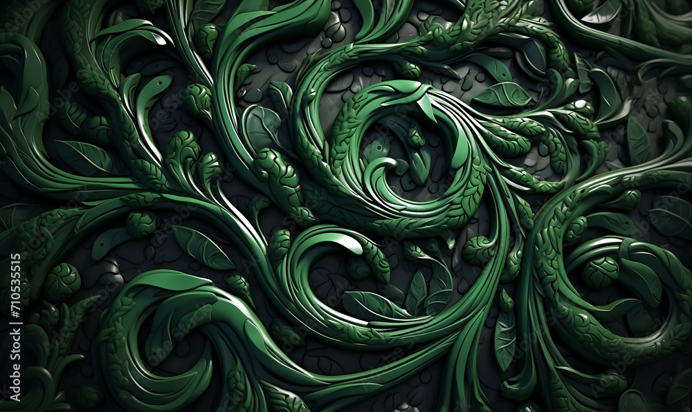 A seamless tileable jade tree pattern, spiral carvings, octane renderer, trending on CGsociety. Geneative Ai

 - obrazy, fototapety, plakaty 