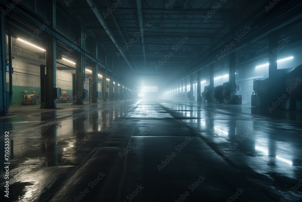 Illuminated Hangar Hues: Captivating Scene with a Bright Light. Dynamic Industrial Atmosphere Illuminated Hangar Hues: Captivating Scene with a Bright Light. Dynamic Industrial Atmosphere