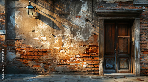 Retropastors and ancient announcements on old brick walls recreating the atmosphere of the urban s
