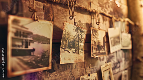 Retro picture with vintage photos hung on ropes with pins photo