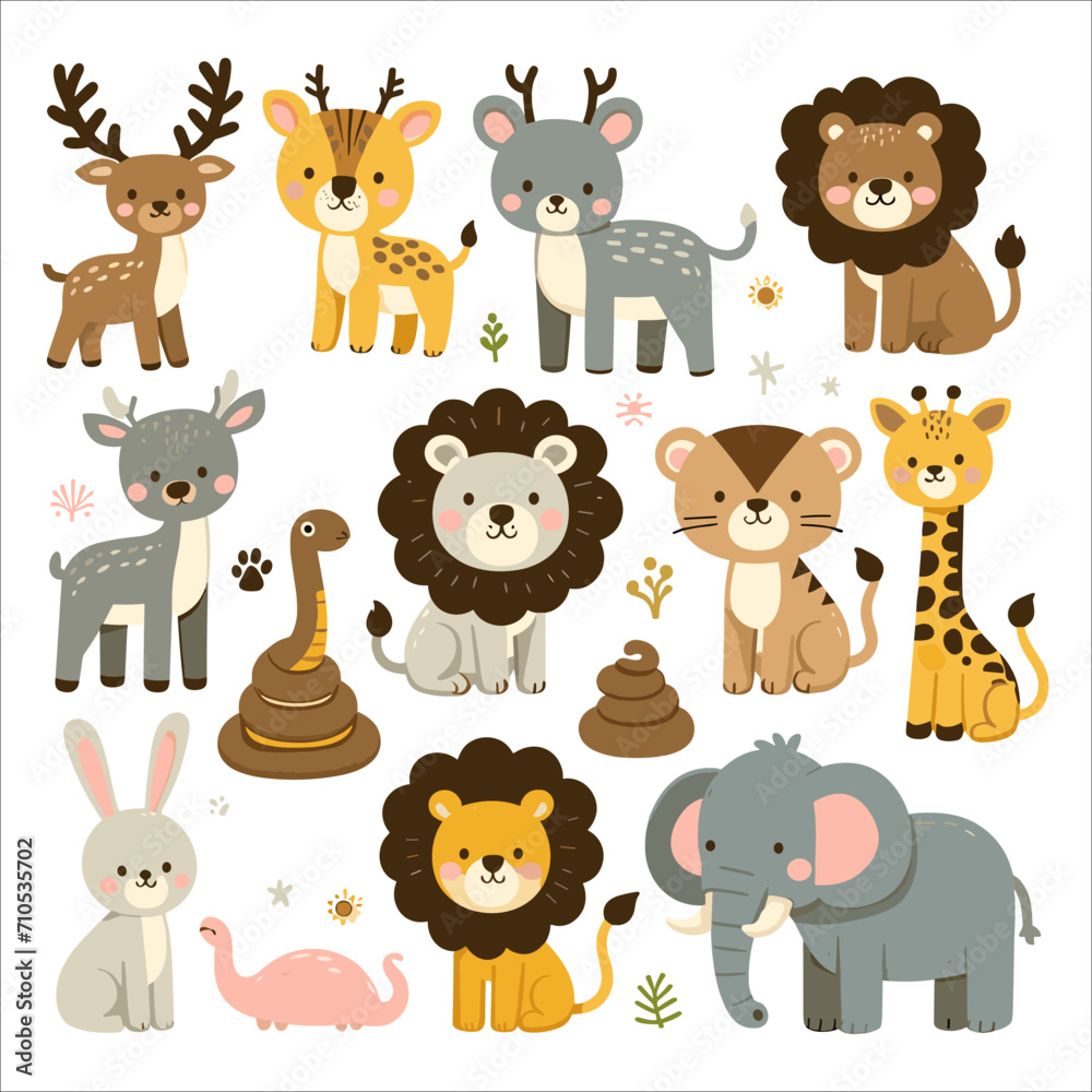 Obraz premium Cute safari animal icon set containing lion, elephant, and deer for commercial branding and graphic design