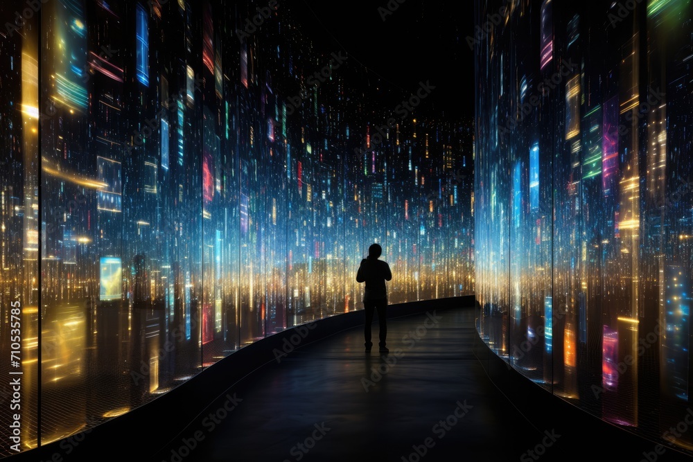 A man stands stoically in front of a dazzling wall of bright lights, An etheric panorama of glowing data streams, AI Generated