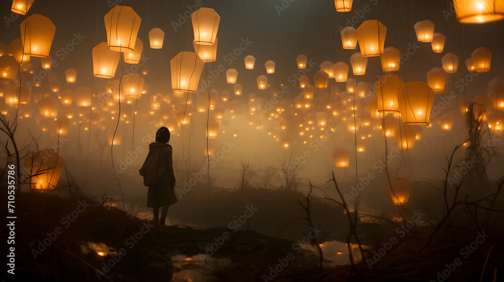 Mysterious Figure in Fog Surrounded by Lanterns Mysterious Figure in Fog Surrounded by Lanterns