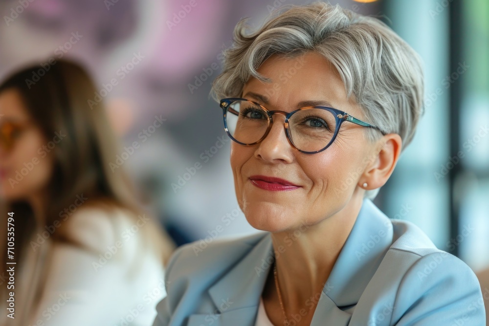 A mature woman, likely in her late fifties to sixties, exudes confidence and positivity. Stylish grey hair and elegant glasses add to her professional image A mature woman, likely in her late fifties to sixties, exudes confidence and positivity. Stylish grey hair and elegant glasses add to her professional image