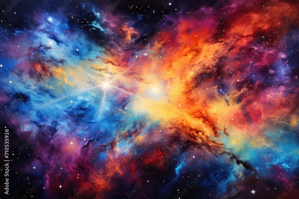 A stunning painting showcasing a vibrant and lively galaxy filled with an array of colorful stars, An expansive galaxy-themed artwork with multi-colored, abstract stars, AI Generated