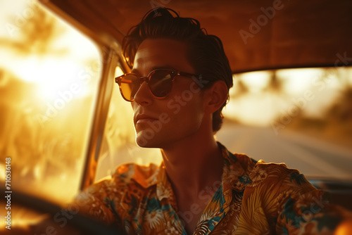Front view portrait of a handsome stylish guy driver in a summer shirt and sunglasses riding in a car enjoying at sunset or dawn © Sergio