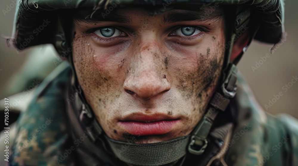 The image of a young soldier in combat equipment, with a focus in front of his eyes filled with de The image of a young soldier in combat equipment, with a focus in front of his eyes filled with de