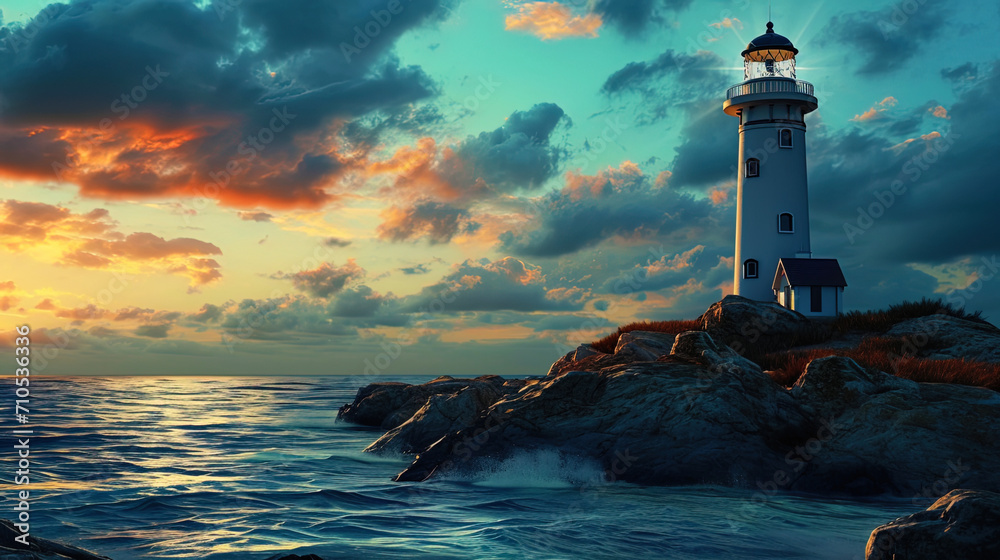 The lighthouse against the backdrop of a flickering azure water, creating the illusion of a magic