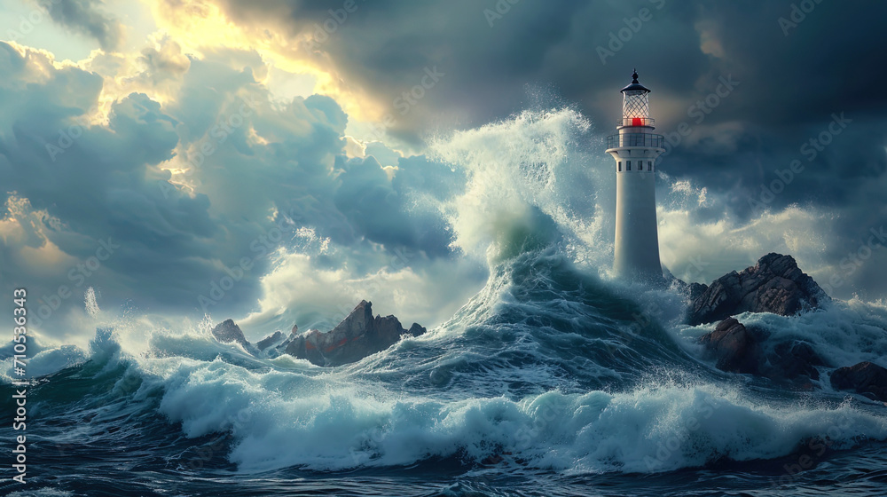 The lighthouse in huge waves that go against the background of the stormy sky symbolizes the strug