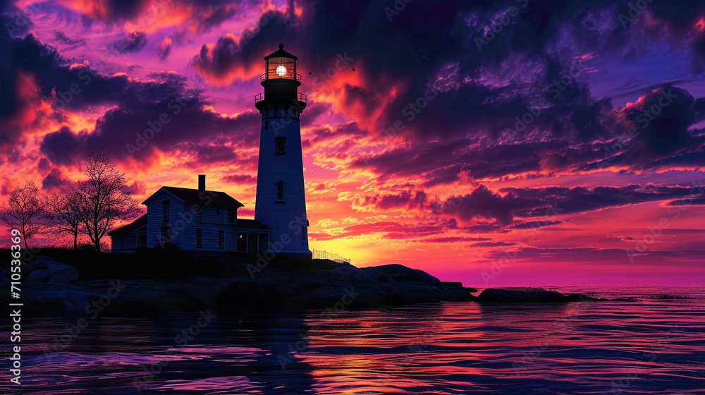 The lighthouse, lost in purple shades of sunset, is a picture of magic and mystery