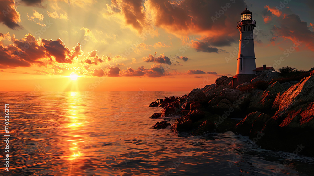 The lighthouse in the warm colors of the sunset, where its light is reflected in the quiet waters