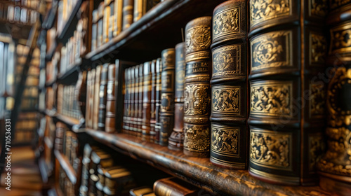 The library, where each book in black leather binding with golden embossed patterns stands as a wo photo