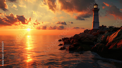 The lighthouse in the warm colors of the sunset, where its light is reflected in the quiet waters