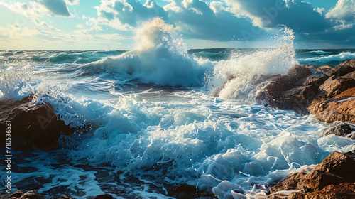 The sea breeze and the noise of the surf are recreated in the image of powerful waves, crashing ag