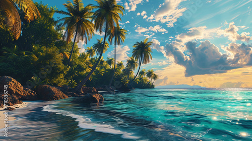 The winding palm trees standing by the shore create the impression of a picturesque tropical corne photo