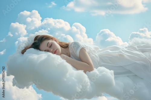 Surreal nap in the sky, woman amidst cottony clouds.