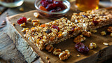 Useful bars made of dried fruits, nuts and honey laid out on a wooden board