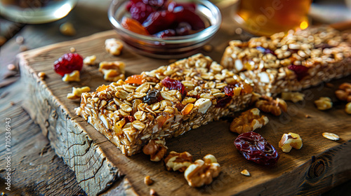 Useful bars made of dried fruits, nuts and honey laid out on a wooden board photo