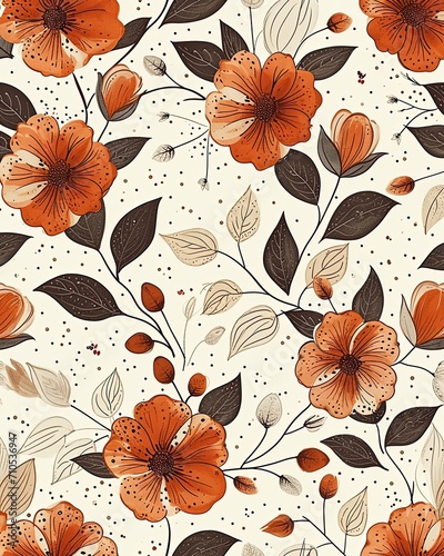 Pattern with brown flowers and leaves