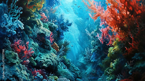 Watercolor shades of underwater world with many cauld formations