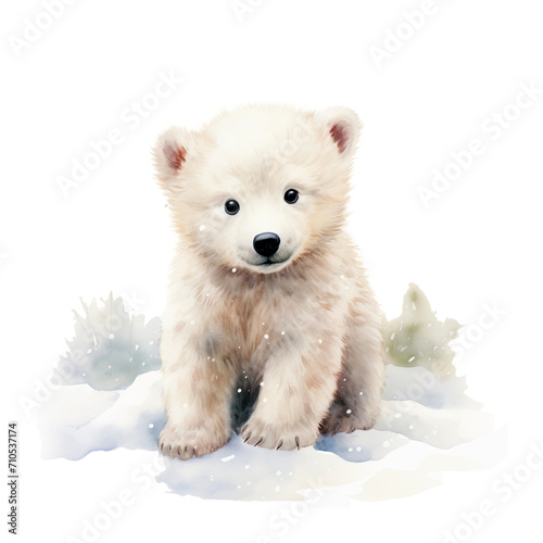 Polarbärjunges Schnee Aquarell Niedliche Eisbärillustration Jungtier Kinderzimmer Wandkunst Arktische Szene Tierbild