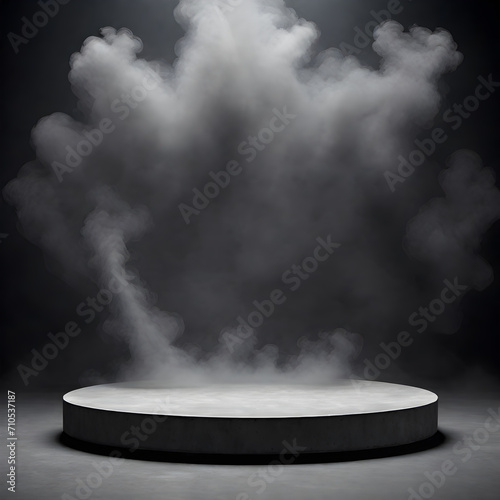 gray textured concrete platform podium, smoke spreads and covers the podium isolated on dark back ground. ai generative