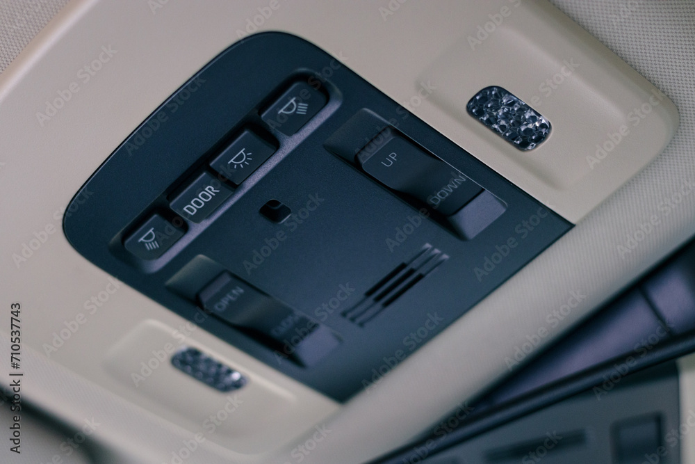 push switches for adjusting the sunroof and interior lights in modern car, shallow depth of field, control button sunroof and ceiling light switches push switches for adjusting the sunroof and interior lights in modern car, shallow depth of field, control button sunroof and ceiling light switches