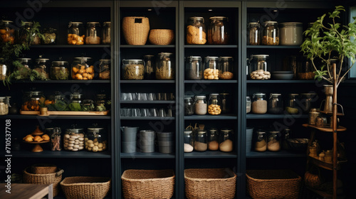Organization of food storage. Cozy pantry with glass jars and wicker baskets. Dark colour palette. Generative AI © AngrySun