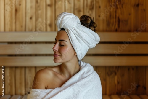 Relaxed woman in a spa with towel turban, serene expression.